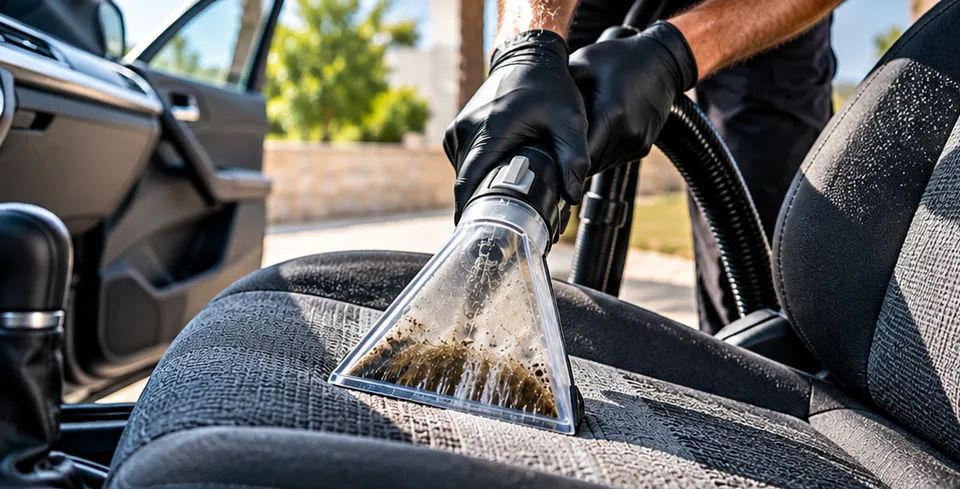 Nettoyage d’un siège de voiture en tissu par injection-extraction